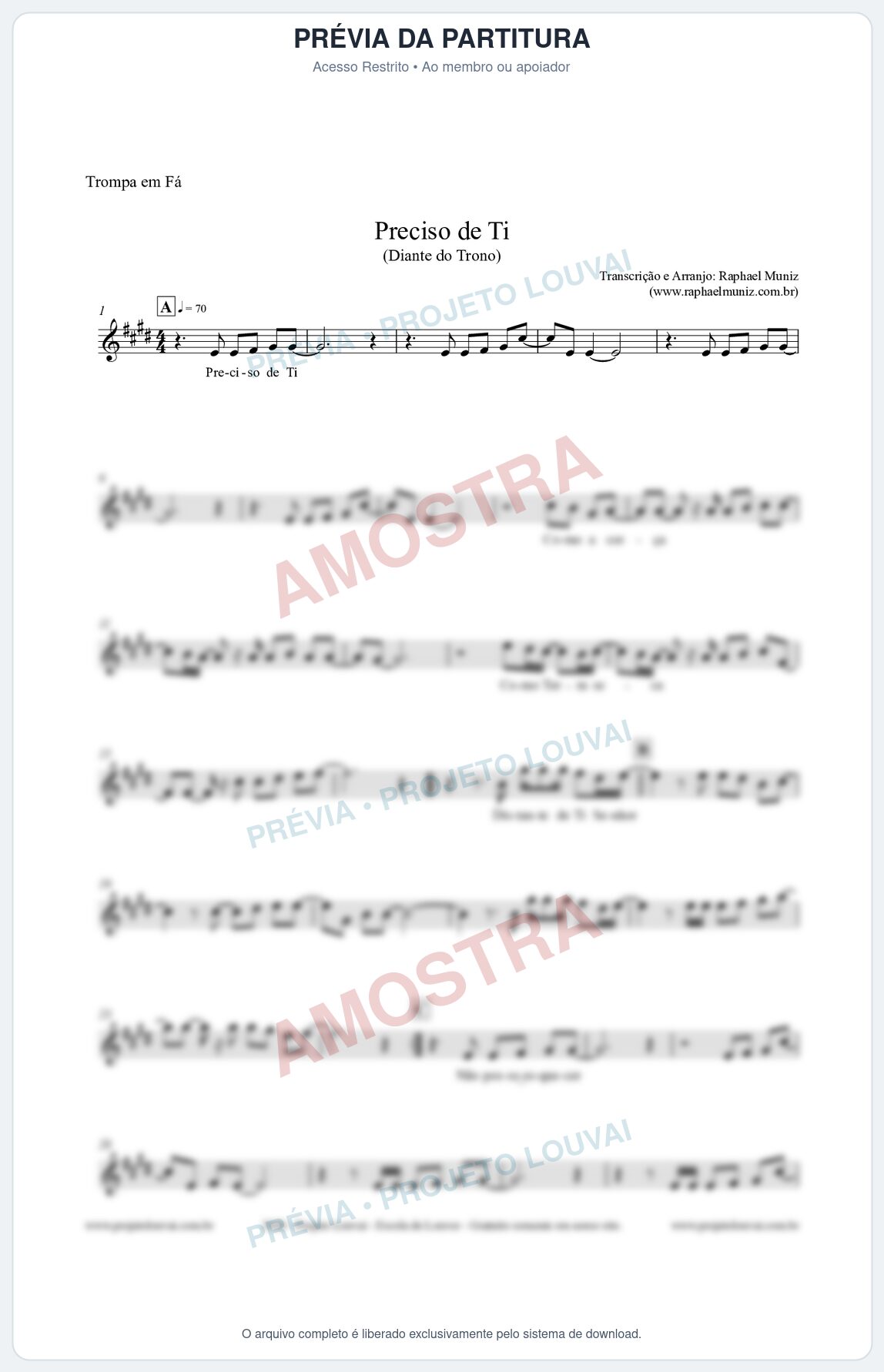 Prévia protegida da primeira página da partitura Partitura para Trompa em Fá - Preciso de Ti - Diante do Trono