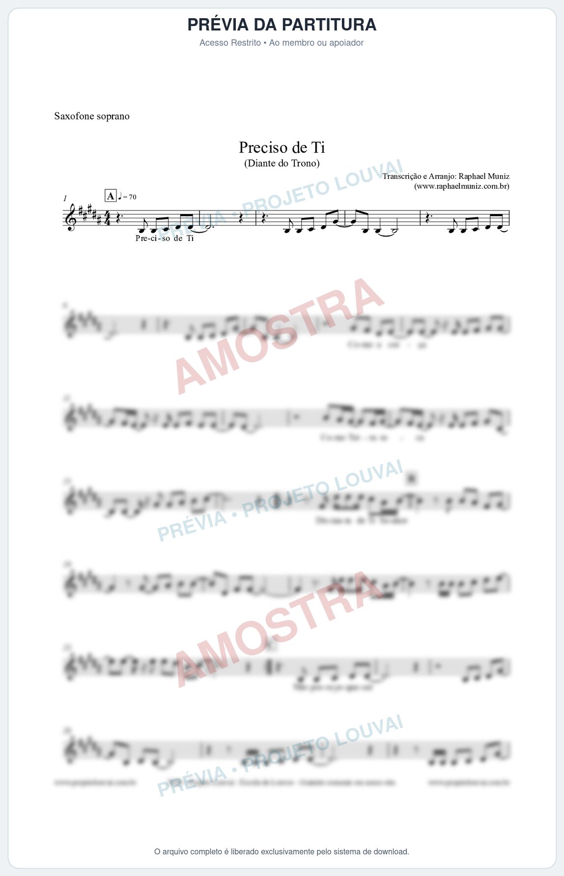 Prévia protegida da primeira página da partitura Partitura para Saxofone Soprano - Preciso de Ti - Diante do Trono