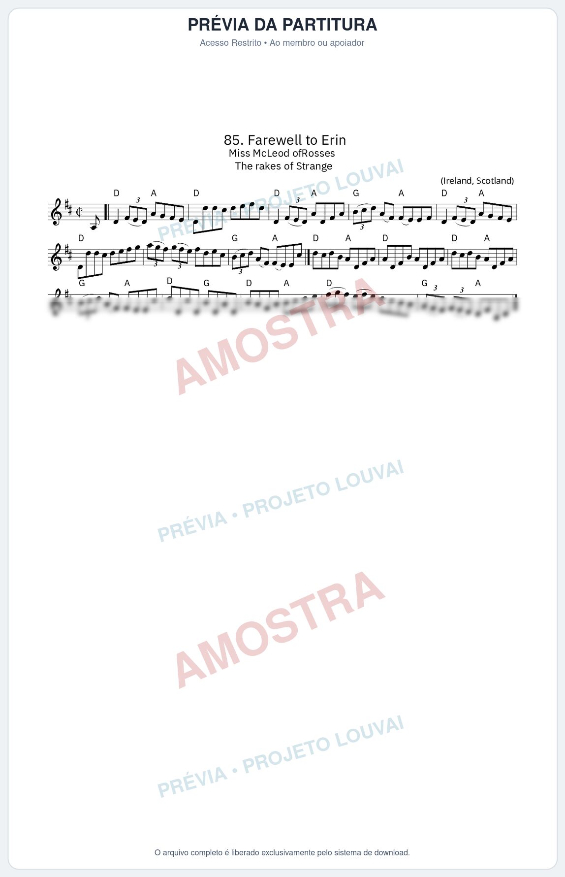 Prévia protegida da primeira página da partitura Partitura da música Farewell to Erin - King Street Sessions - Tom D