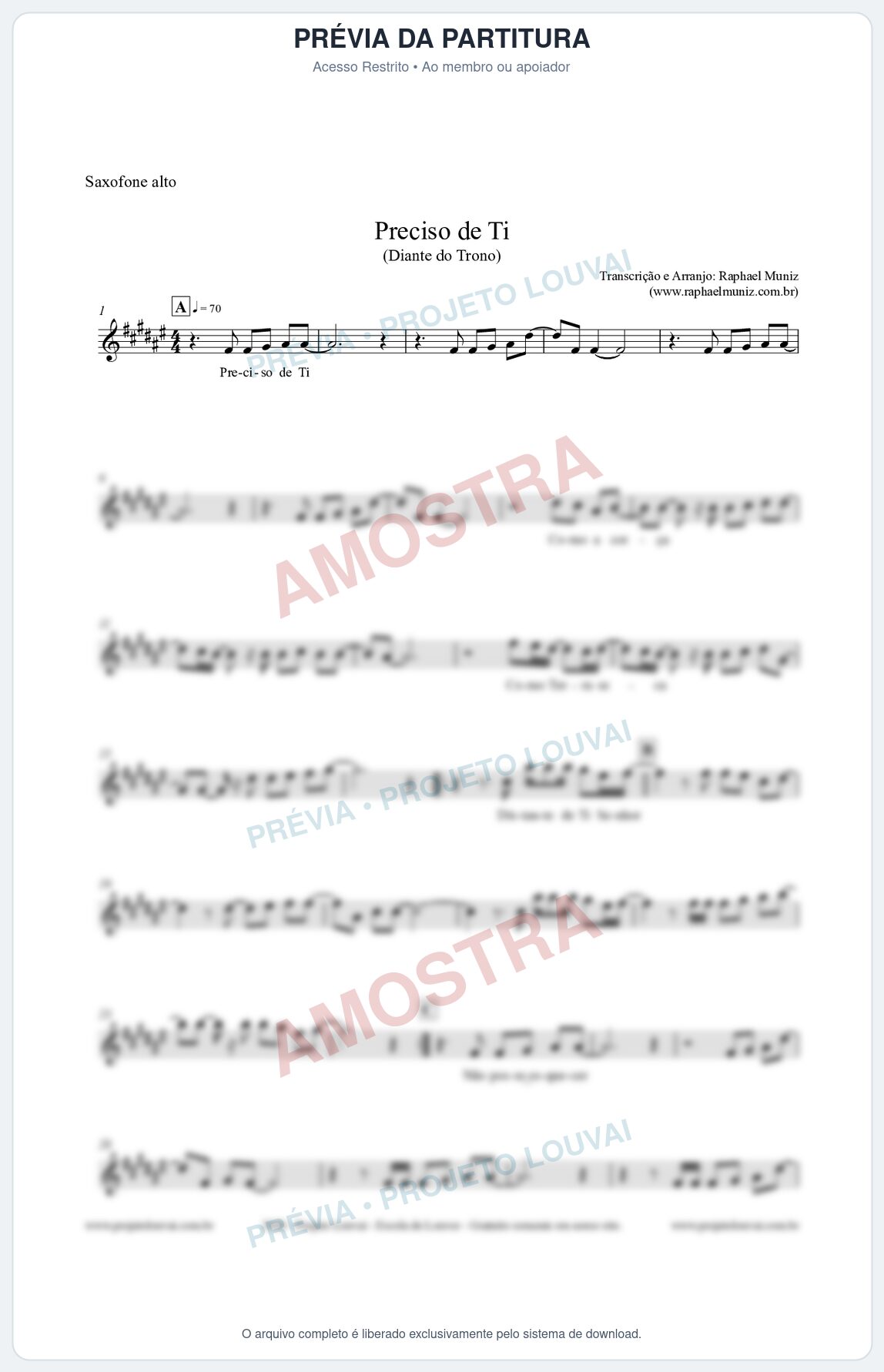 Prévia protegida da primeira página da partitura Partitura para Saxofone Alto - Preciso de Ti - Diante do Trono