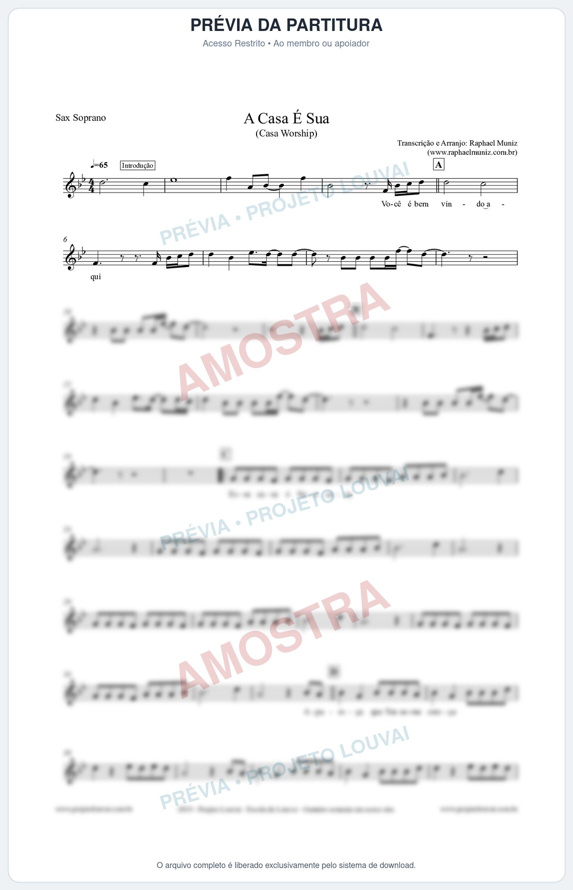 Prévia protegida da primeira página da partitura Partitura para Sax Soprano - A Casa é Sua - Casa Worship