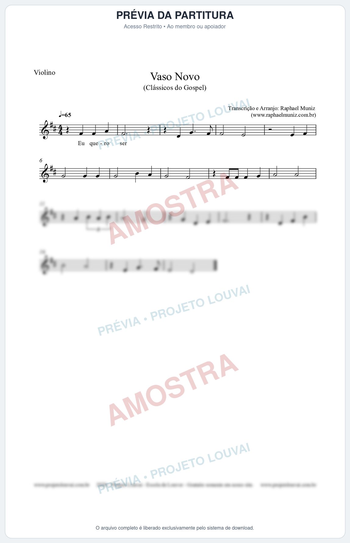 Prévia protegida da primeira página da partitura Partitura para Violino - Vaso Novo - Clássicos do Gospel