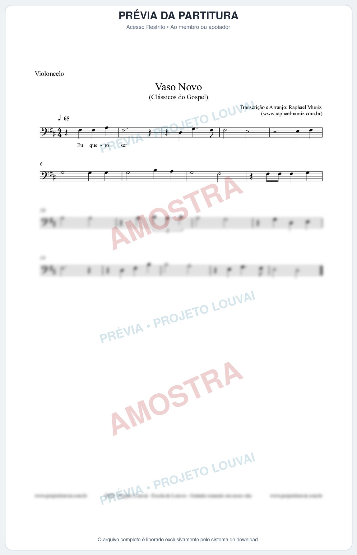 Prévia protegida da primeira página da partitura Partitura para Violoncelo - Vaso Novo - Clássicos do Gospel