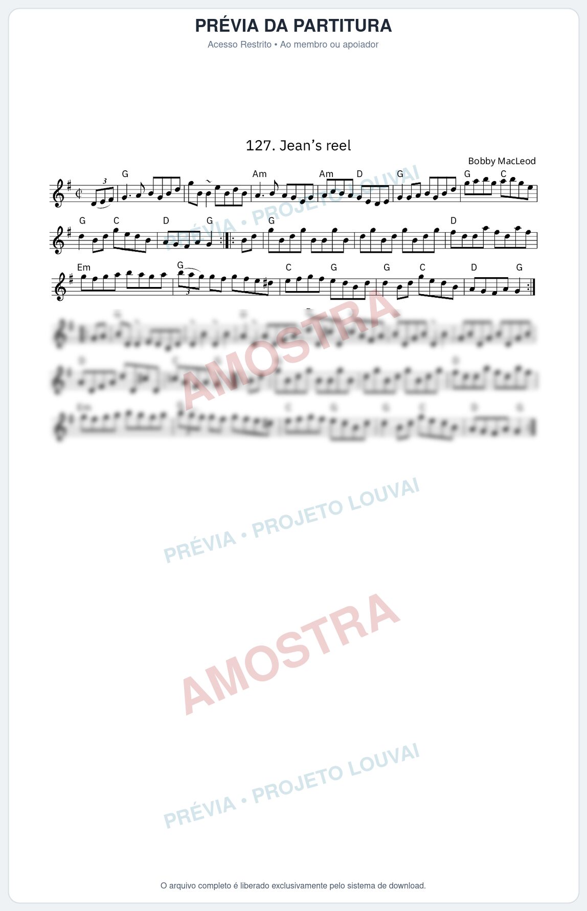 Prévia protegida da primeira página da partitura Partitura da música Jean’s reel - King Street Sessions - Tom G