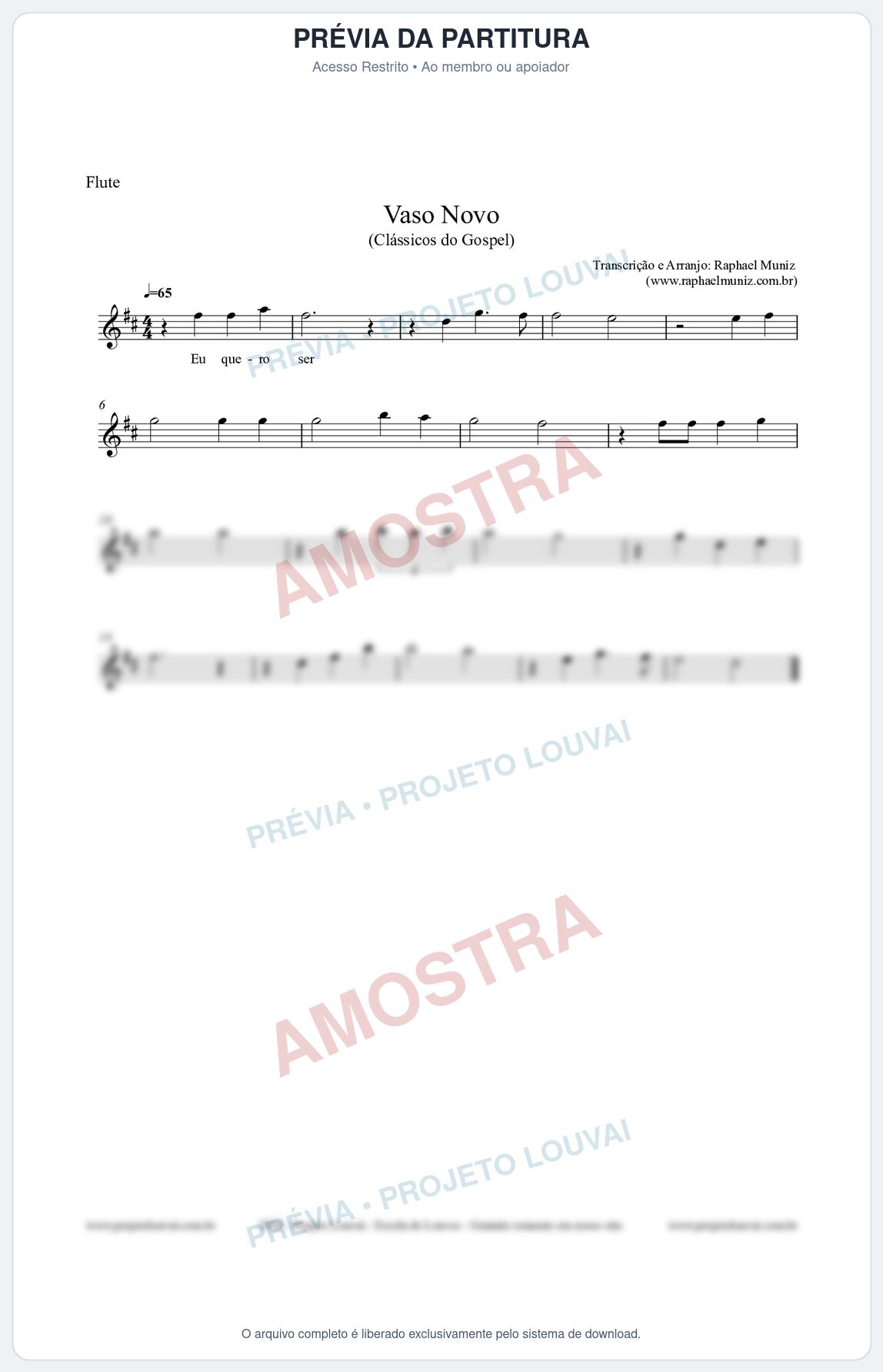 Prévia protegida da primeira página da partitura Partitura para Flauta Transversal - Vaso Novo - Clássicos do Gospel