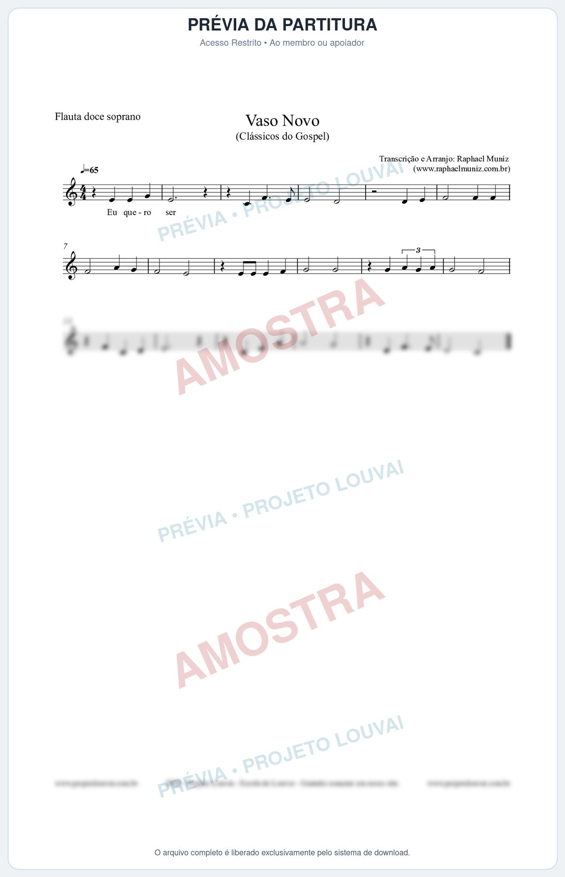 Prévia protegida da primeira página da partitura Partitura para Flauta Doce (Soprano) - Vaso Novo (Tom Facilitado) - Clássicos do Gospel