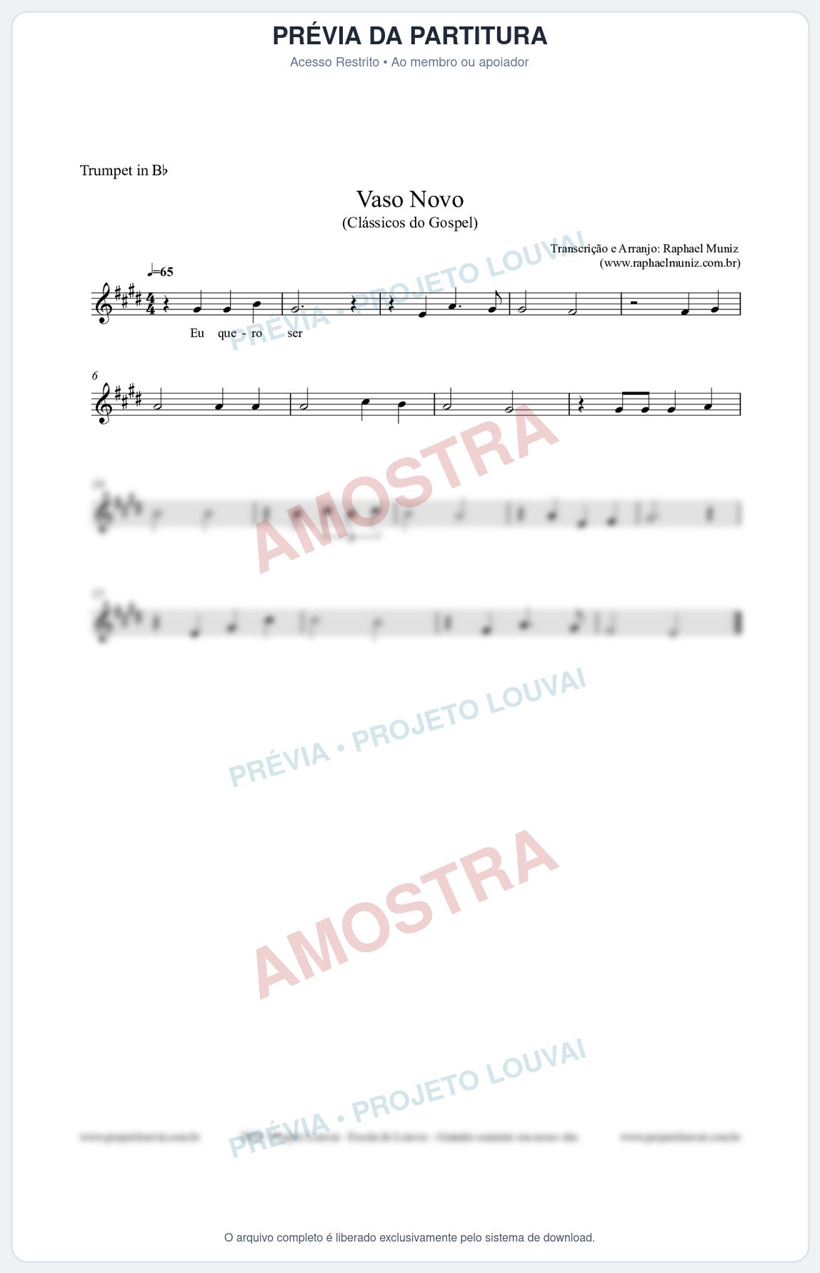 Prévia protegida da primeira página da partitura Partitura para Trompete em Bb - Vaso Novo - Clássicos do Gospel