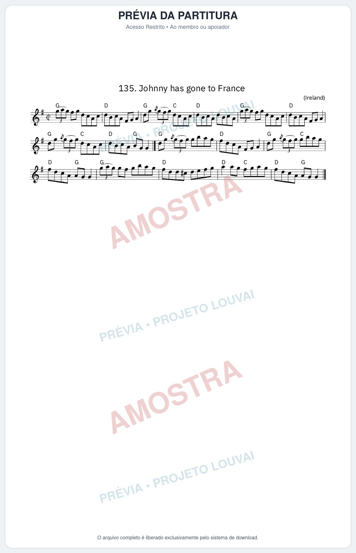 Prévia protegida da primeira página da partitura Partitura da música Johnny has gone to France - King Street Sessions - Tom G