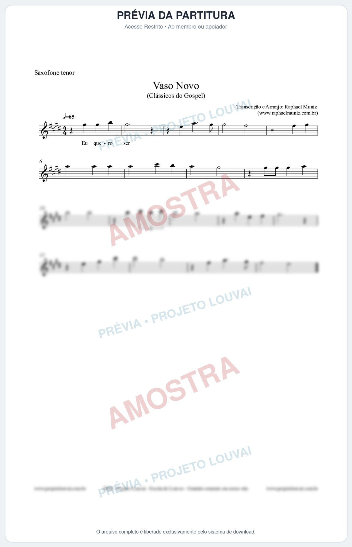 Prévia protegida da primeira página da partitura Partitura para Saxofone Tenor - Vaso Novo - Clássicos do Gospel