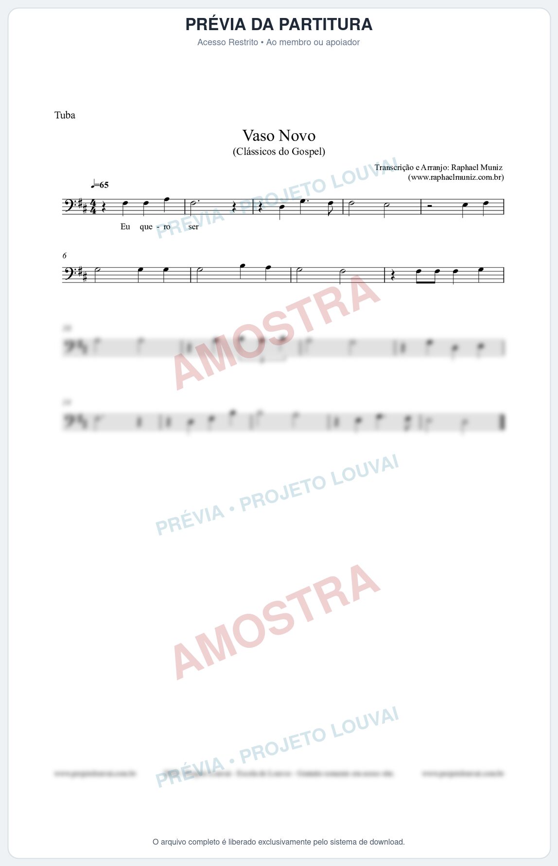 Prévia protegida da primeira página da partitura Partitura para Tuba em Dó - Vaso Novo - Clássicos do Gospel