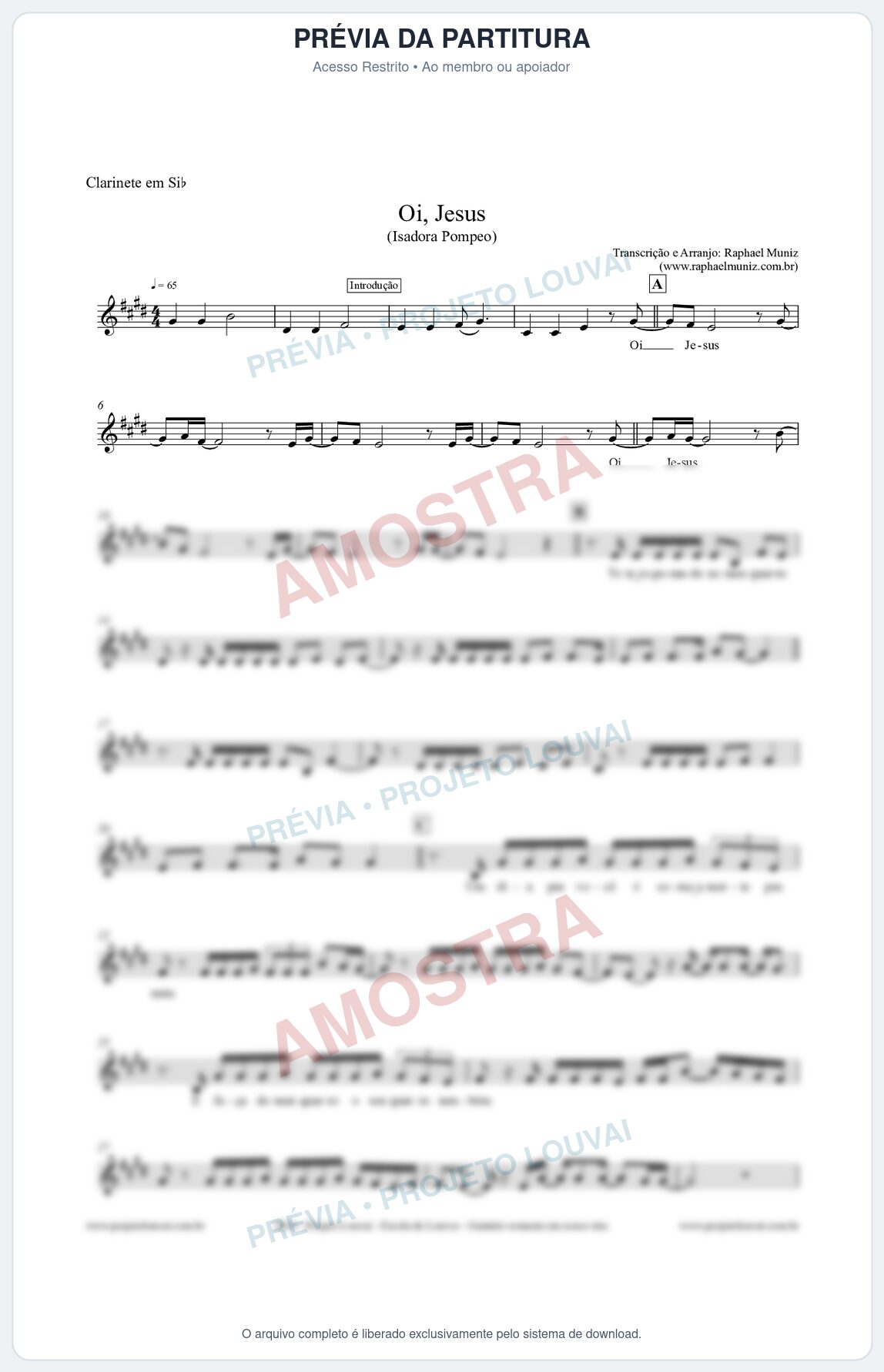 Prévia protegida da primeira página da partitura Partitura para Clarinete em Bb - Oi Jesus - Isadora Pompeo