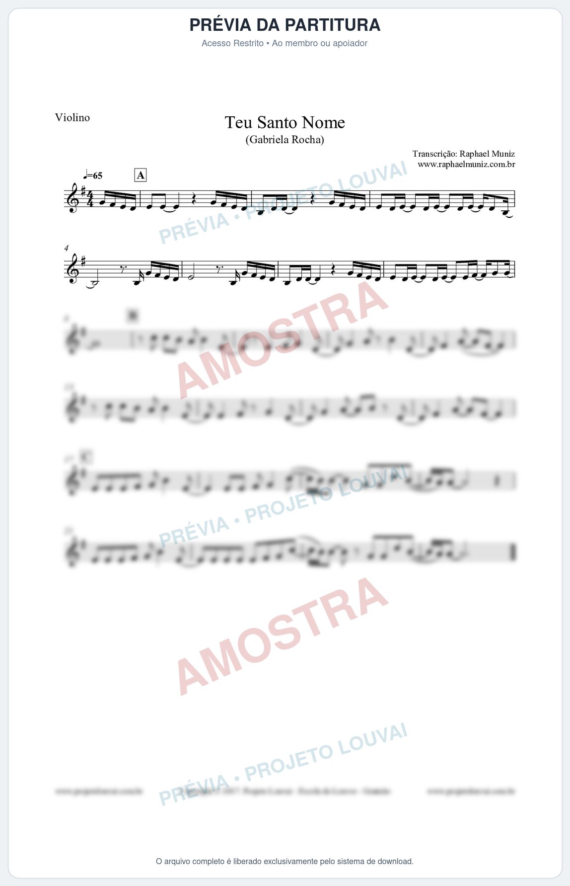 Prévia protegida da primeira página da partitura Partitura para Violino - Teu Santo Nome - Gabriela Rocha