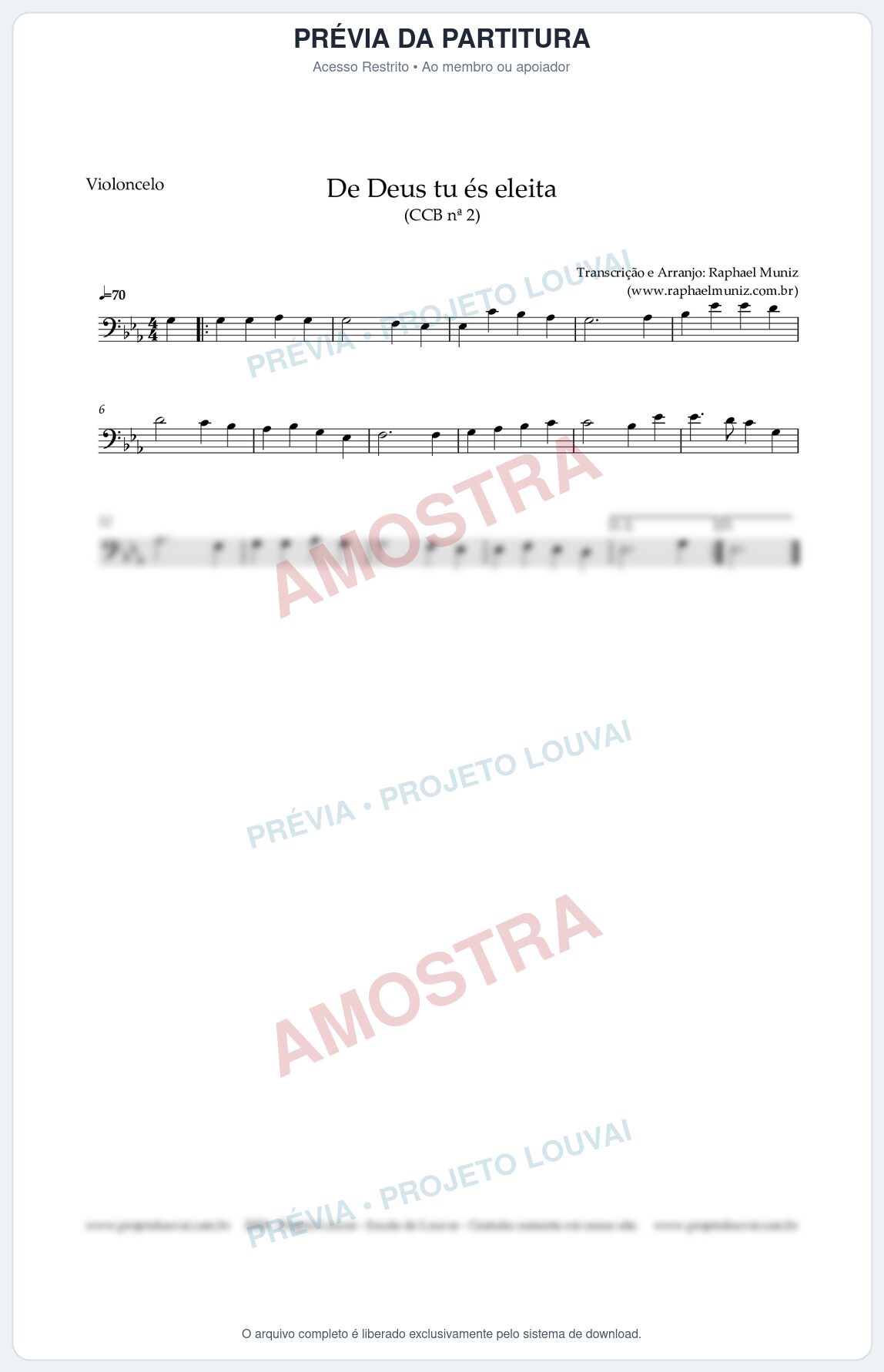 Prévia protegida da primeira página da partitura Partitura para Violoncelo - De Deus tu és eleita - Hinário CCB nº 2 - Clássicos do Gospel