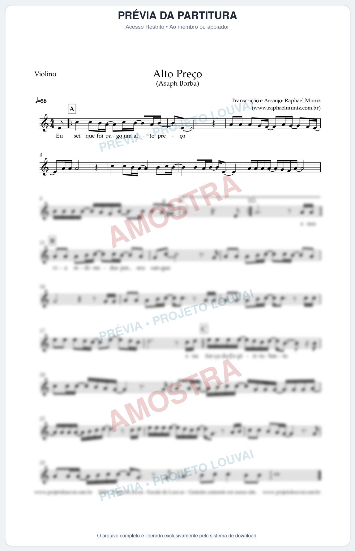 Prévia protegida da primeira página da partitura Partitura para Violino - Alto Preço - Asaph Borba - Clássicos do Gospel