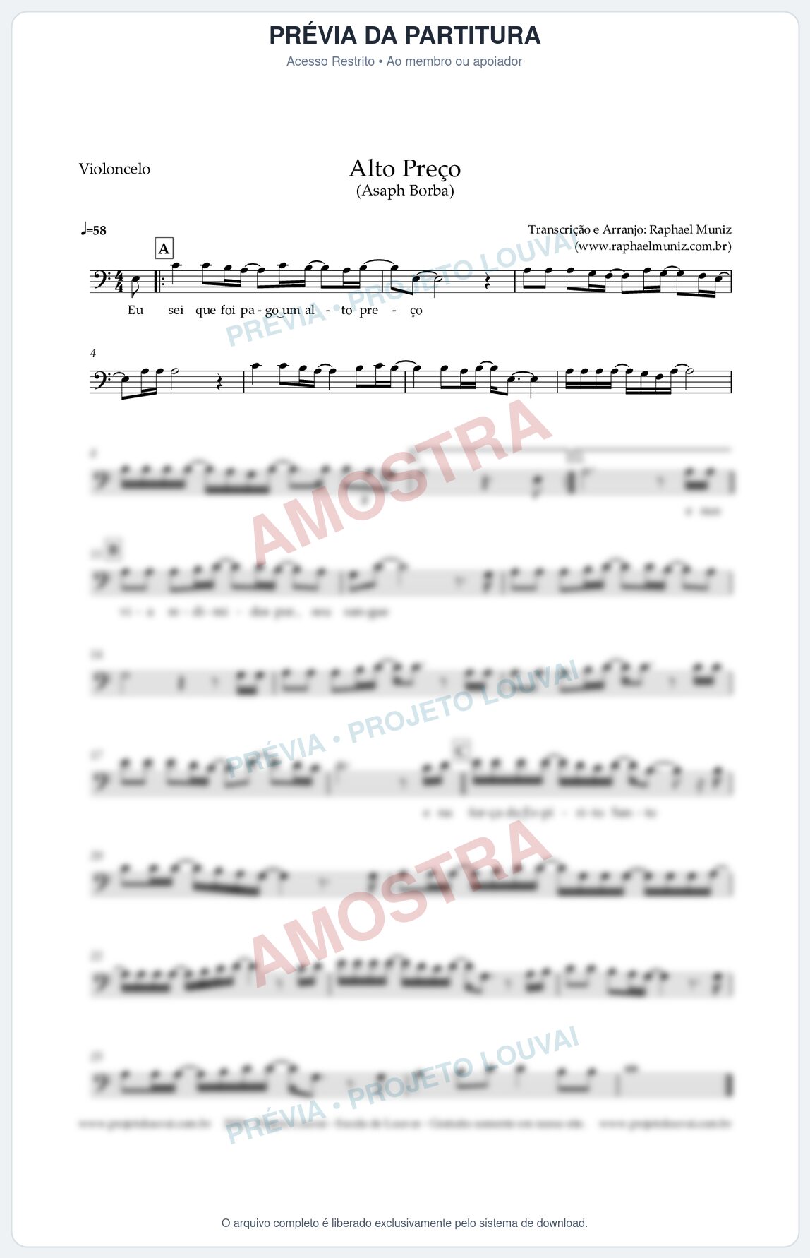 Prévia protegida da primeira página da partitura Partitura para Violoncelo - Alto Preço - Asaph Borba - Clássicos do Gospel