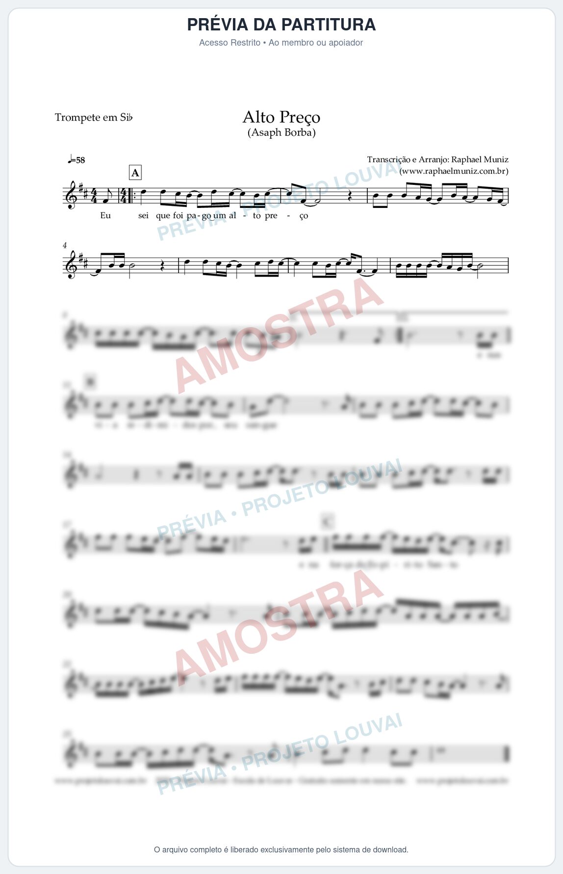 Prévia protegida da primeira página da partitura Partitura para Trompete em Bb - Alto Preço - Asaph Borba - Clássicos do Gospel