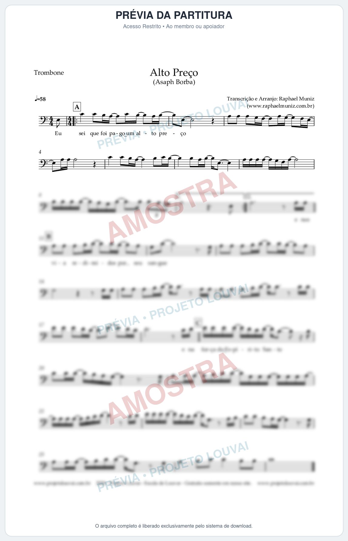 Prévia protegida da primeira página da partitura Partitura para Trombone - Alto Preço - Asaph Borba - Clássicos do Gospel
