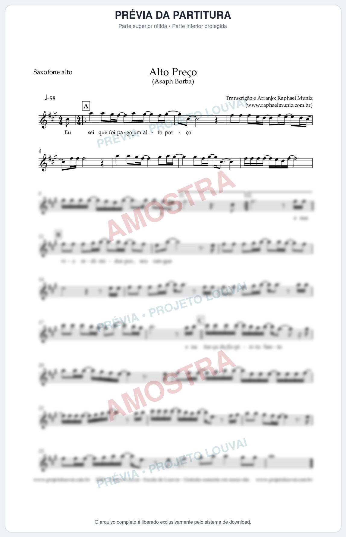 Prévia protegida da primeira página da partitura Partitura para Saxofone Alto - Alto Preço - Asaph Borba - Clássicos do Gospel