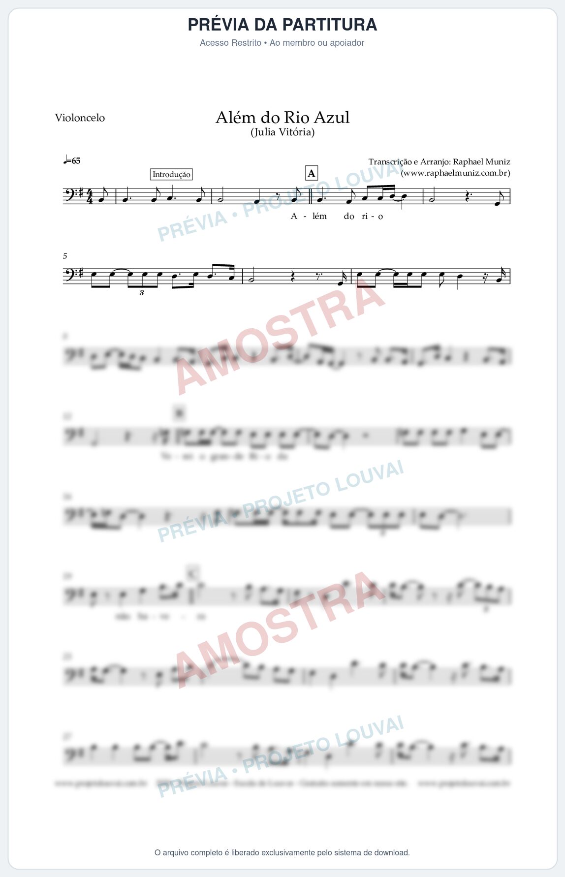 Prévia protegida da primeira página da partitura Partitura para Violoncelo - Além do Rio Azul - Julia Vitoria
