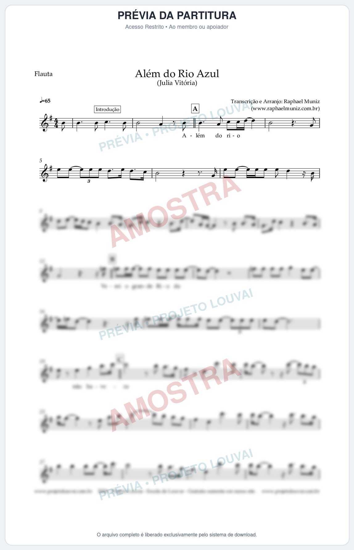 Prévia protegida da primeira página da partitura Partitura para Flauta Transversal - Além do Rio Azul - Julia Vitoria