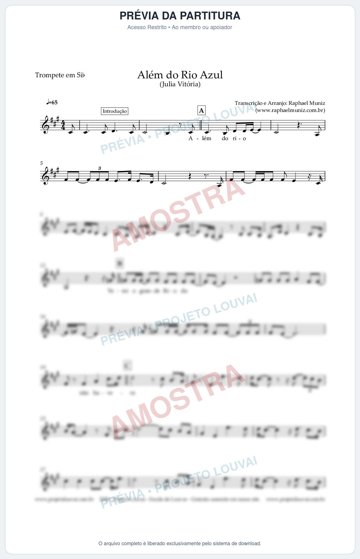 Prévia protegida da primeira página da partitura Partitura para Trompete em Bb - Além do Rio Azul - Julia Vitoria