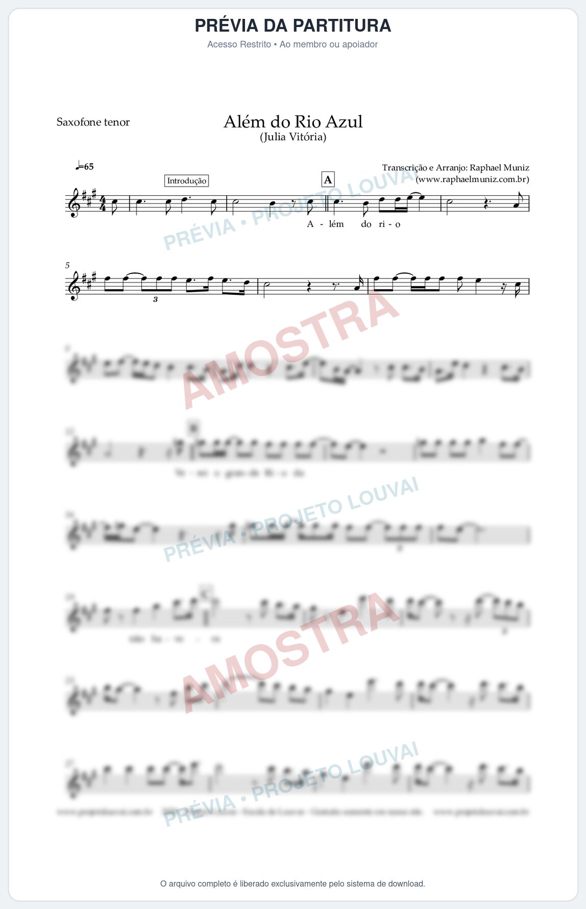 Prévia protegida da primeira página da partitura Partitura para Saxofone Tenor - Além do Rio Azul - Julia Vitoria