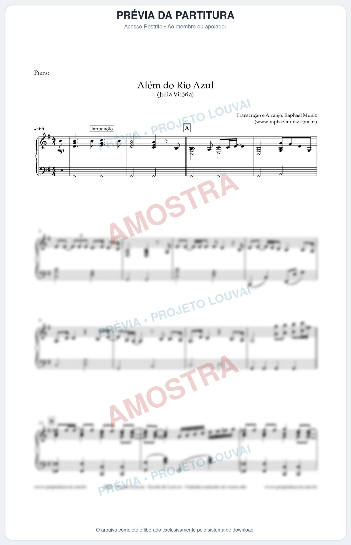 Prévia protegida da primeira página da partitura Partitura para Piano - Além do Rio Azul - Julia Vitoria