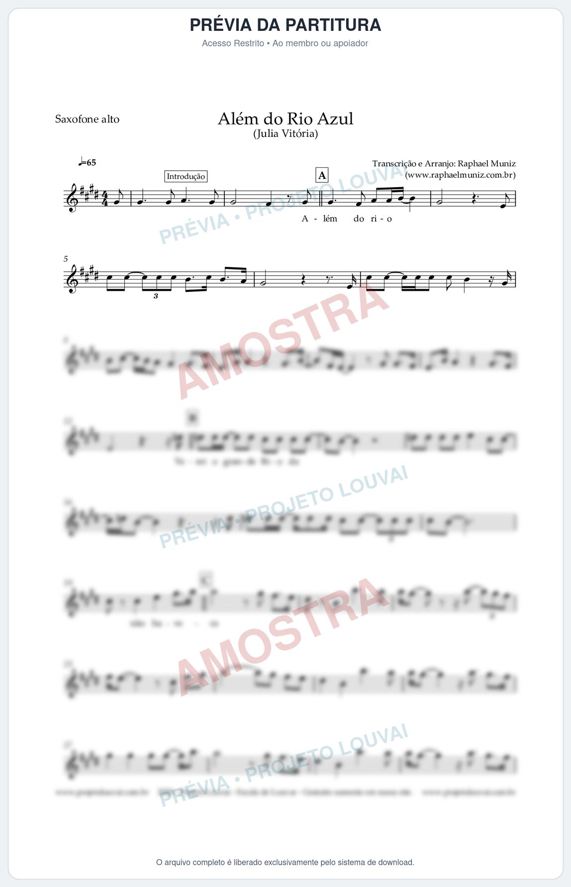 Prévia protegida da primeira página da partitura Partitura para Saxofone Alto - Além do Rio Azul - Julia Vitoria