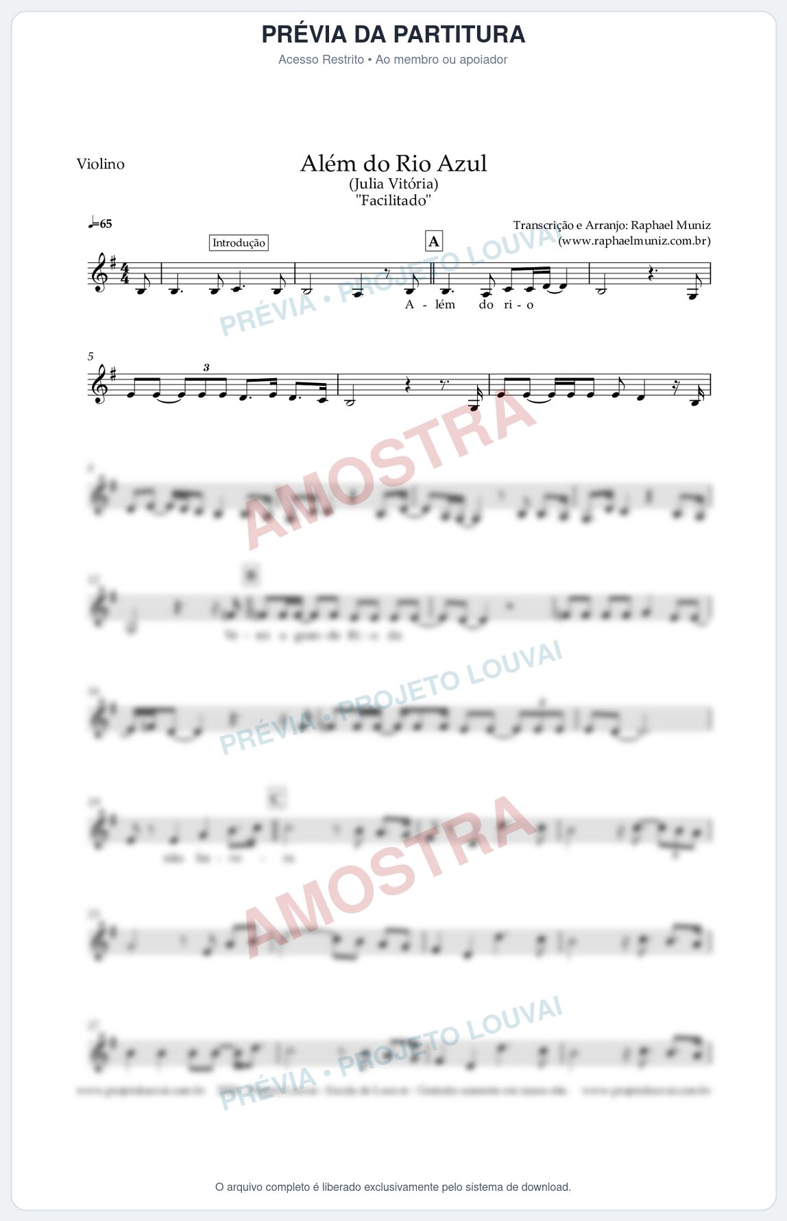 Prévia protegida da primeira página da partitura Partitura para Violino - Além do Rio Azul (Versão Facilitada) - Julia Vitoria