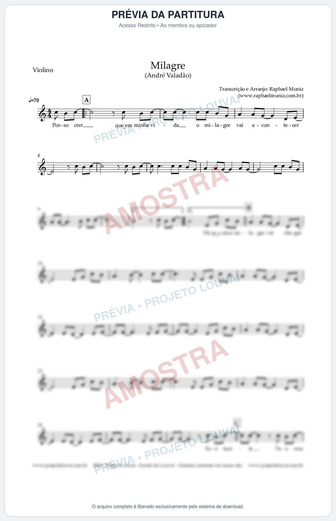 Prévia protegida da primeira página da partitura Partitura para Violino - Milagre - André Valadão