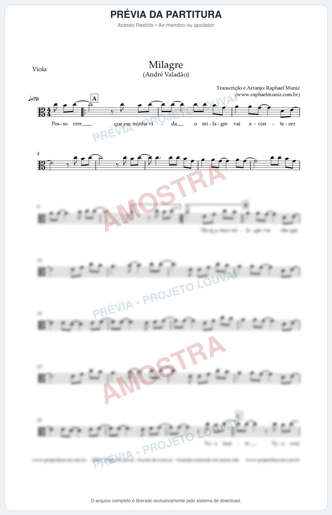 Prévia protegida da primeira página da partitura Partitura para Viola - Milagre - André Valadão