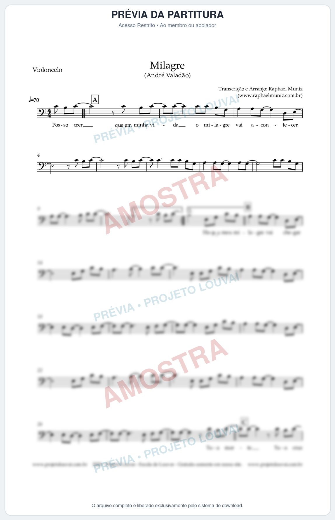 Prévia protegida da primeira página da partitura Partitura para Violoncelo - Milagre - André Valadão