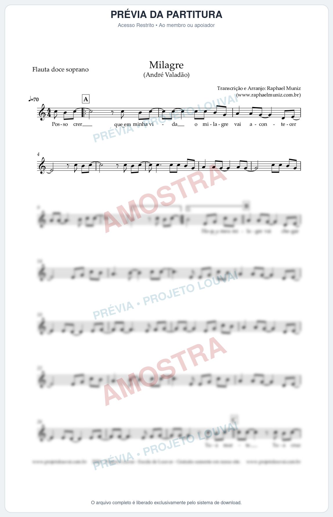 Prévia protegida da primeira página da partitura Partitura para Flauta Doce (Soprano) - Milagre - André Valadão