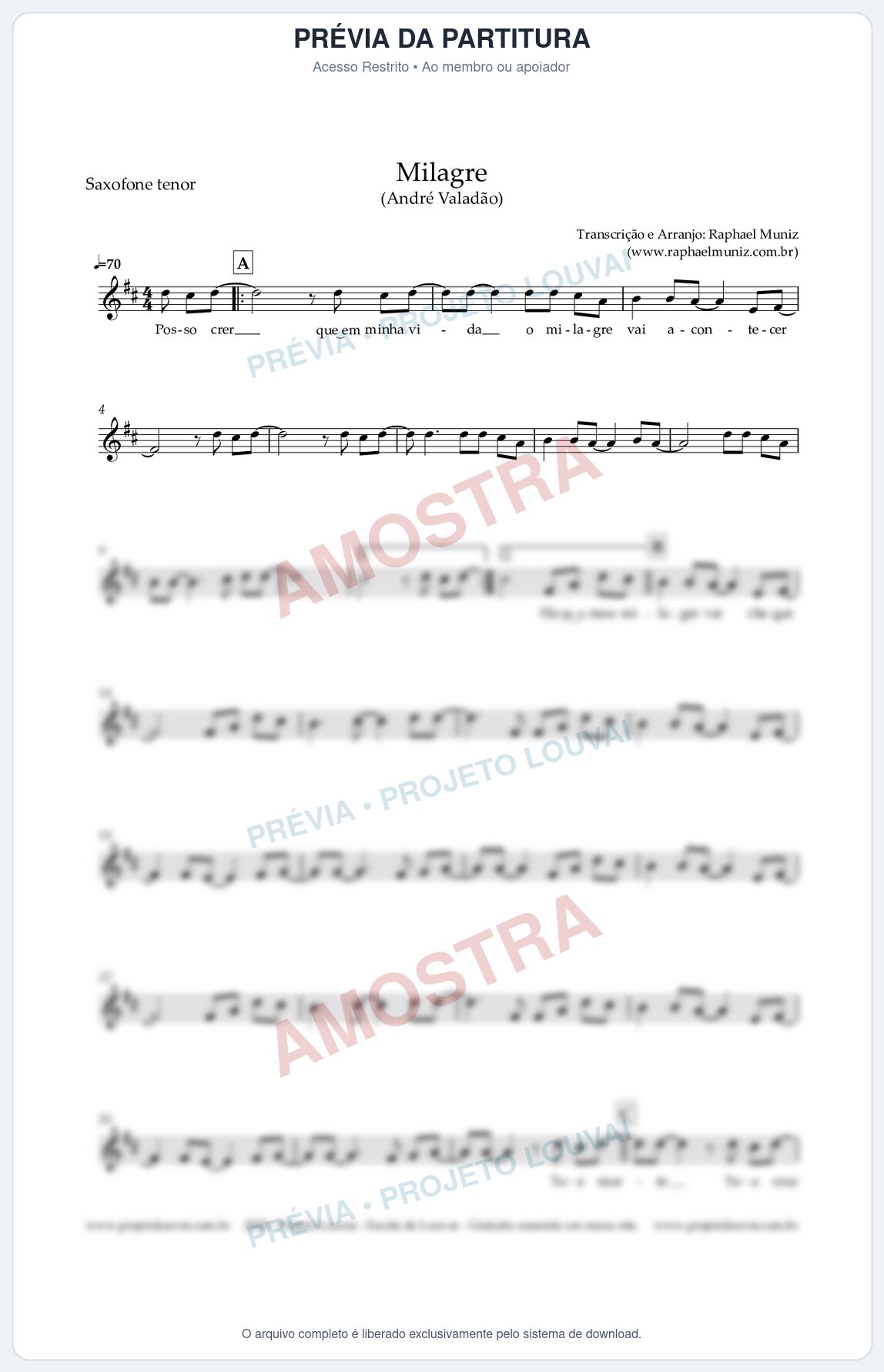 Prévia protegida da primeira página da partitura Partitura para Saxofone Tenor - Milagre - André Valadão