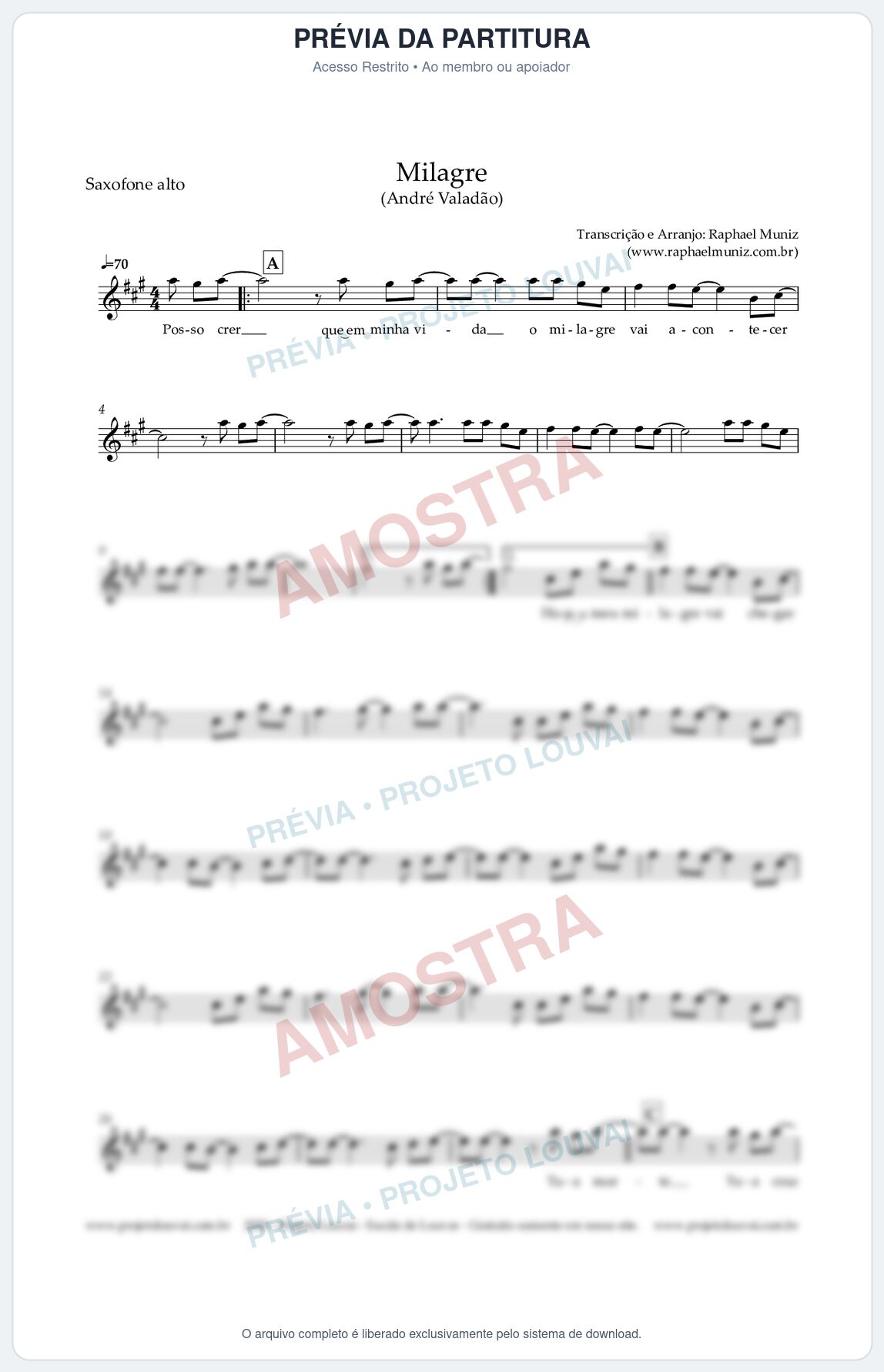 Prévia protegida da primeira página da partitura Partitura para Saxofone Alto - Milagre - André Valadão