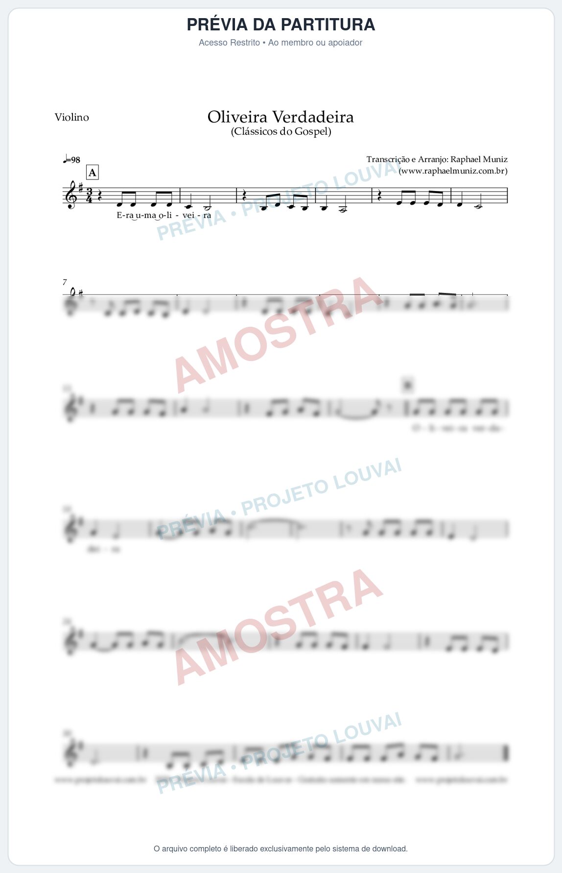 Prévia protegida da primeira página da partitura Partitura para Violino - Oliveira Verdadeira - Clássicos do Gospel