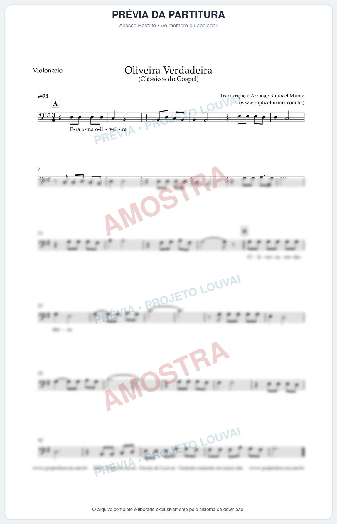 Prévia protegida da primeira página da partitura Partitura para Violoncelo - Oliveira Verdadeira - Clássicos do Gospel