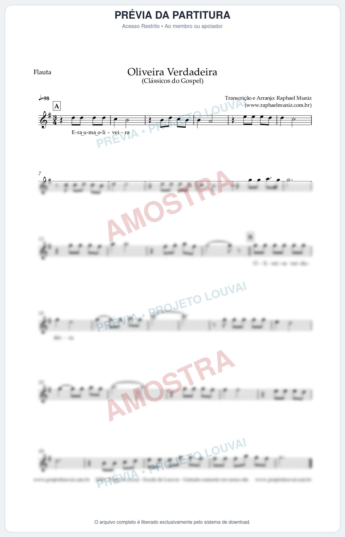 Prévia protegida da primeira página da partitura Partitura para Flauta Transversal - Oliveira Verdadeira - Clássicos do Gospel