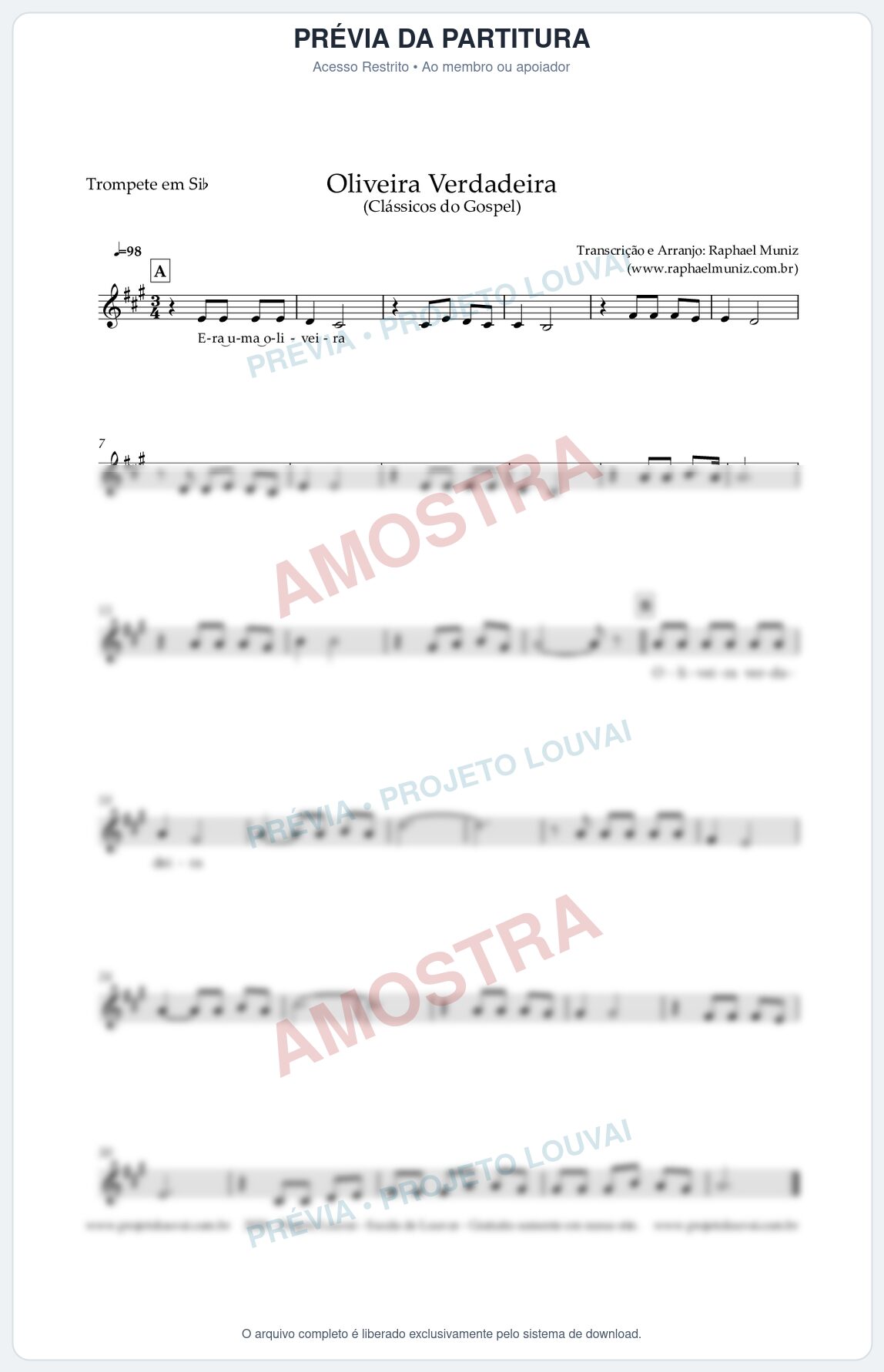 Prévia protegida da primeira página da partitura Partitura para Trompete em Bb - Oliveira Verdadeira - Clássicos do Gospel