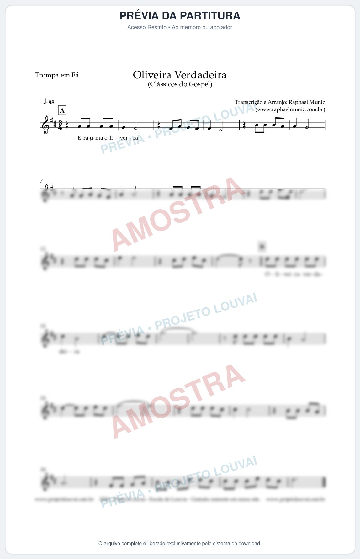 Prévia protegida da primeira página da partitura Partitura para Trompa em Fá - Oliveira Verdadeira - Clássicos do Gospel