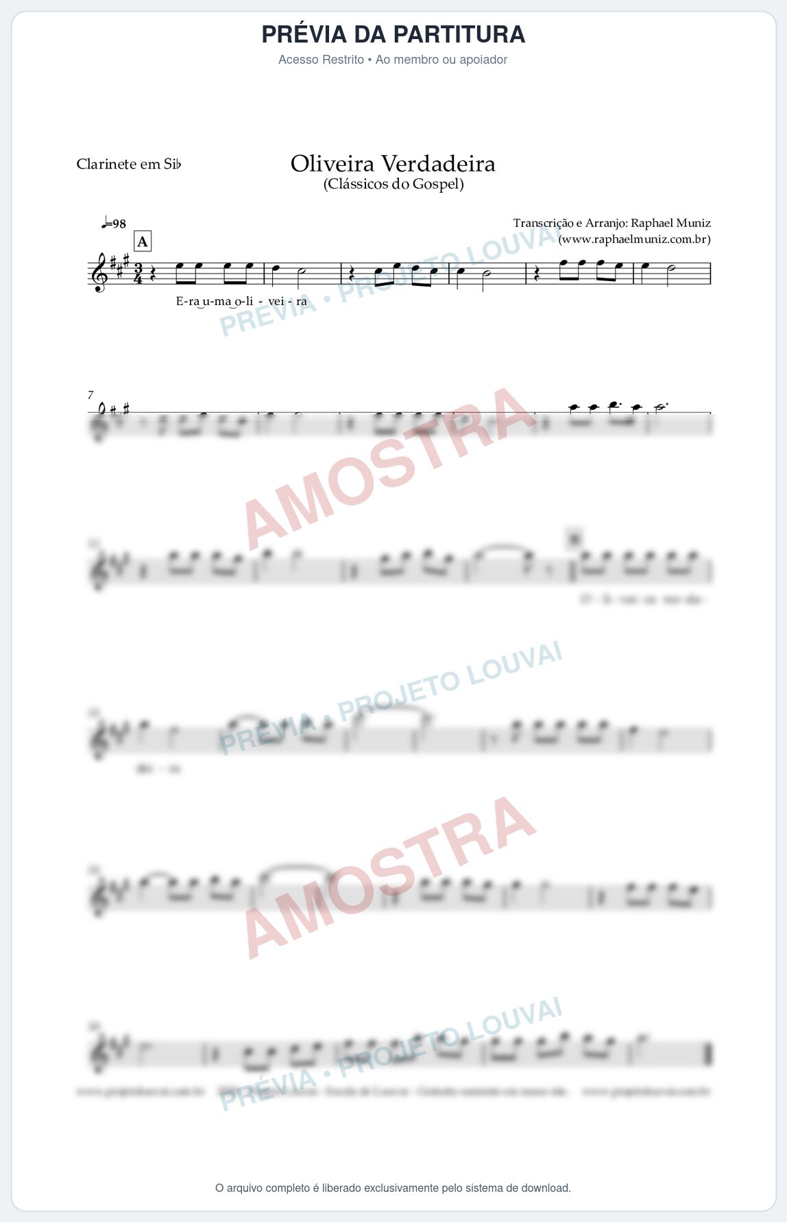 Prévia protegida da primeira página da partitura Partitura para Clarinete em Bb - Oliveira Verdadeira - Clássicos do Gospel