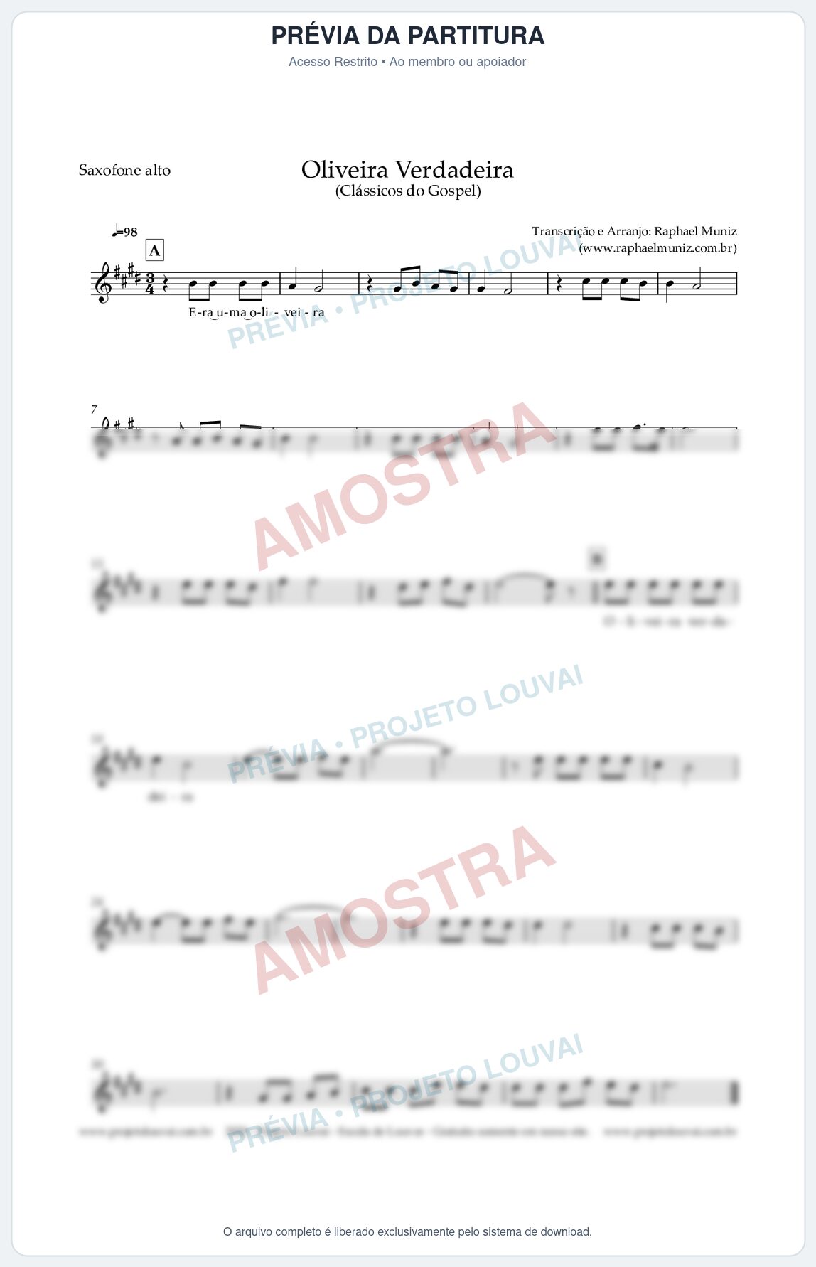 Prévia protegida da primeira página da partitura Partitura para Saxofone Alto - Oliveira Verdadeira - Clássicos do Gospel