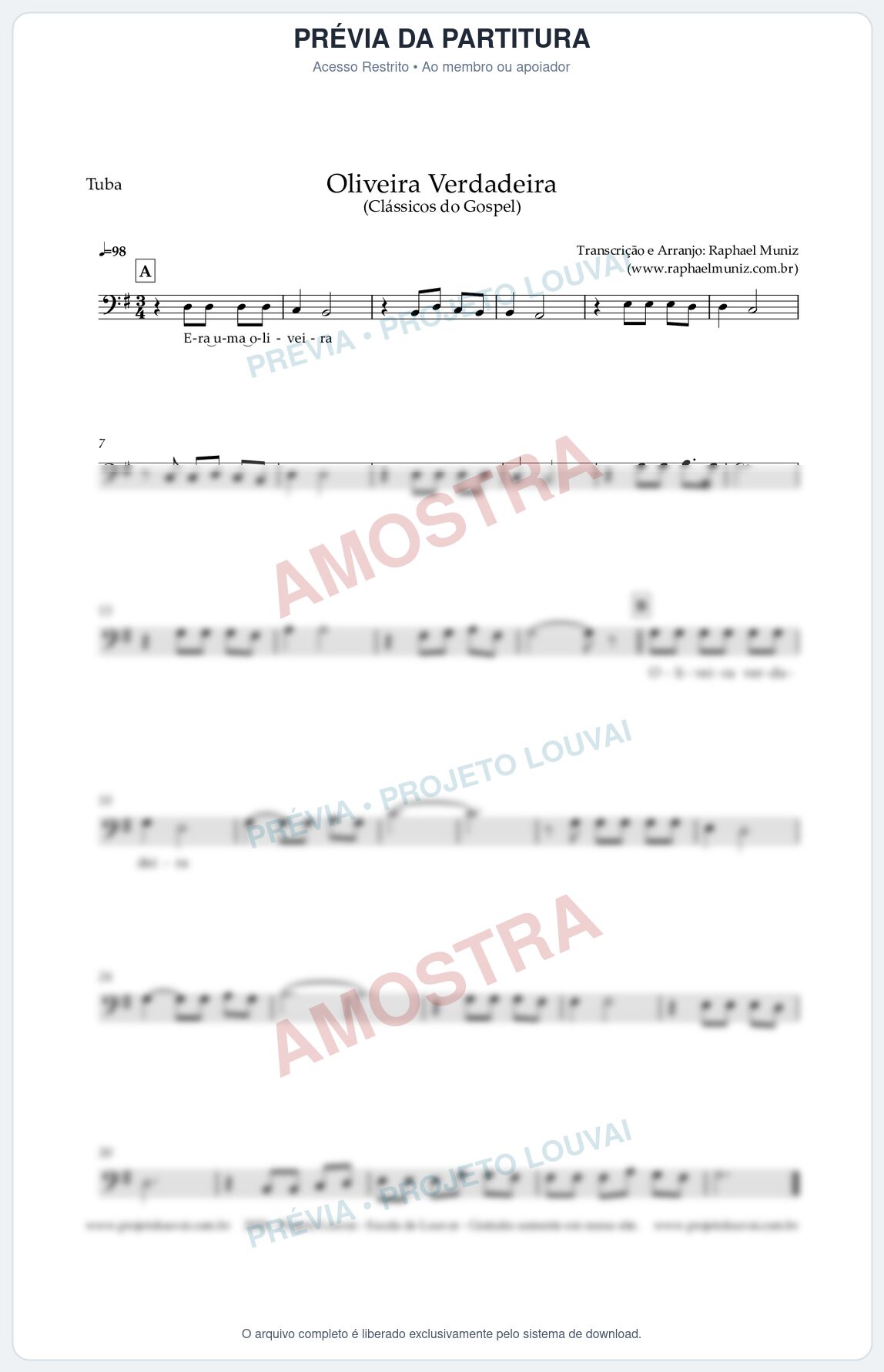 Prévia protegida da primeira página da partitura Partitura para Tuba em Dó - Oliveira Verdadeira - Clássicos do Gospel