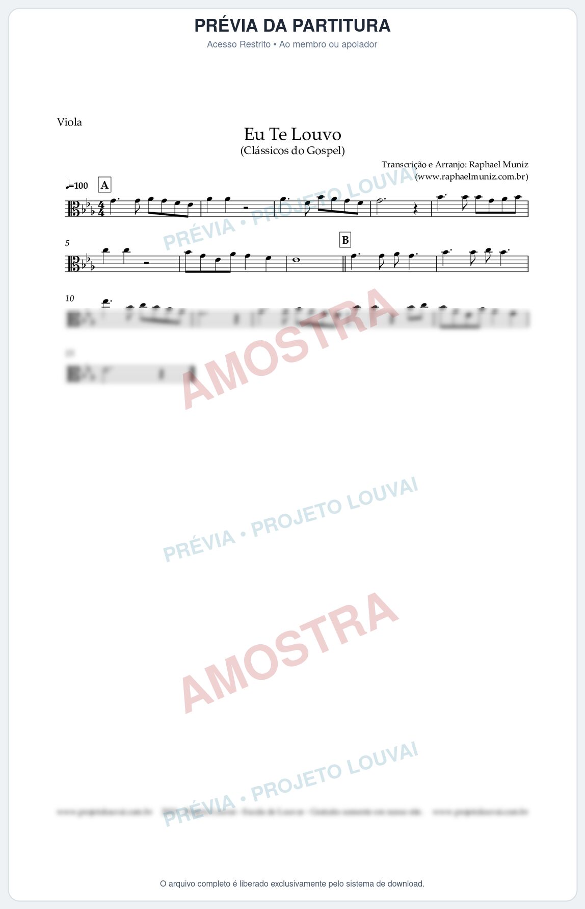 Prévia protegida da primeira página da partitura Partitura para Viola - Eu Te Louvo (Versão 2) - Harpa Cristã nº10 - Clássicos do Gospel