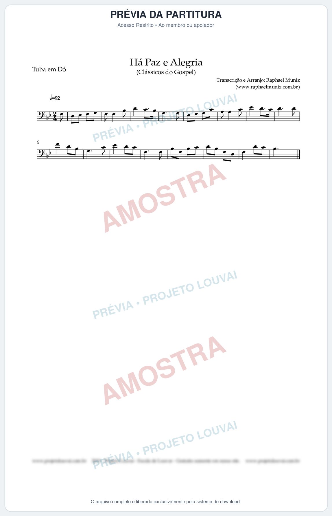 Prévia protegida da primeira página da partitura Partitura para Tuba em Dó - Há Paz e Alegria - Harpa Cristã nº90 - Clássicos do Gospel