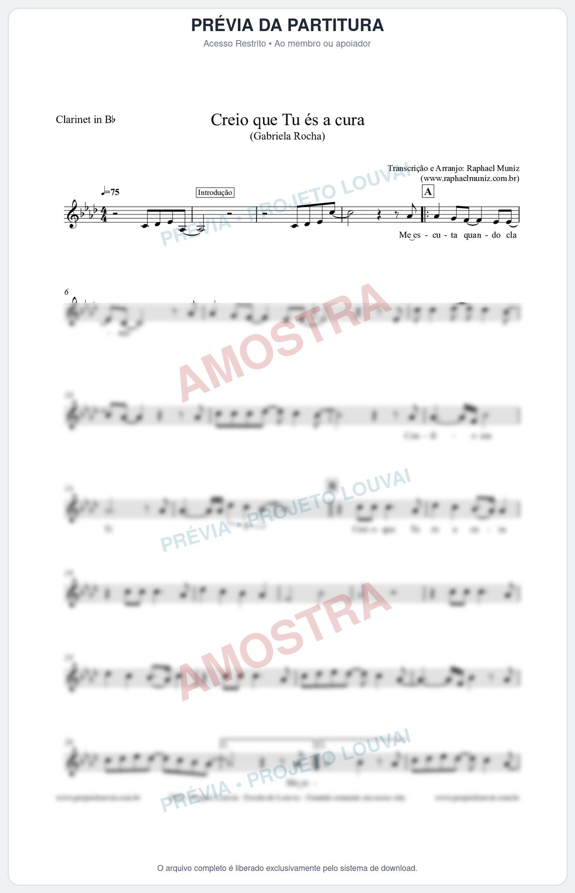 Prévia protegida da primeira página da partitura Partitura para Clarinete em Bb - Creio que Tu És a Cura - Gabriela Rocha