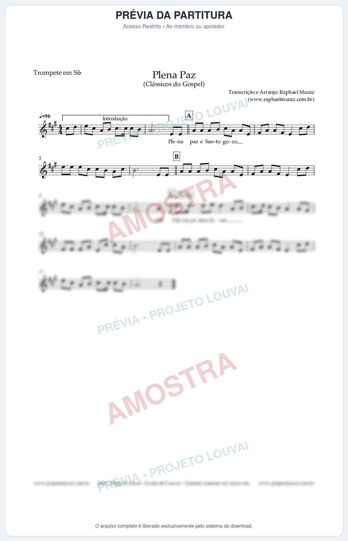 Prévia protegida da primeira página da partitura Partitura para Trompete - Plena Paz - Harpa Cristã nº 3 - Clássicos do Gospel