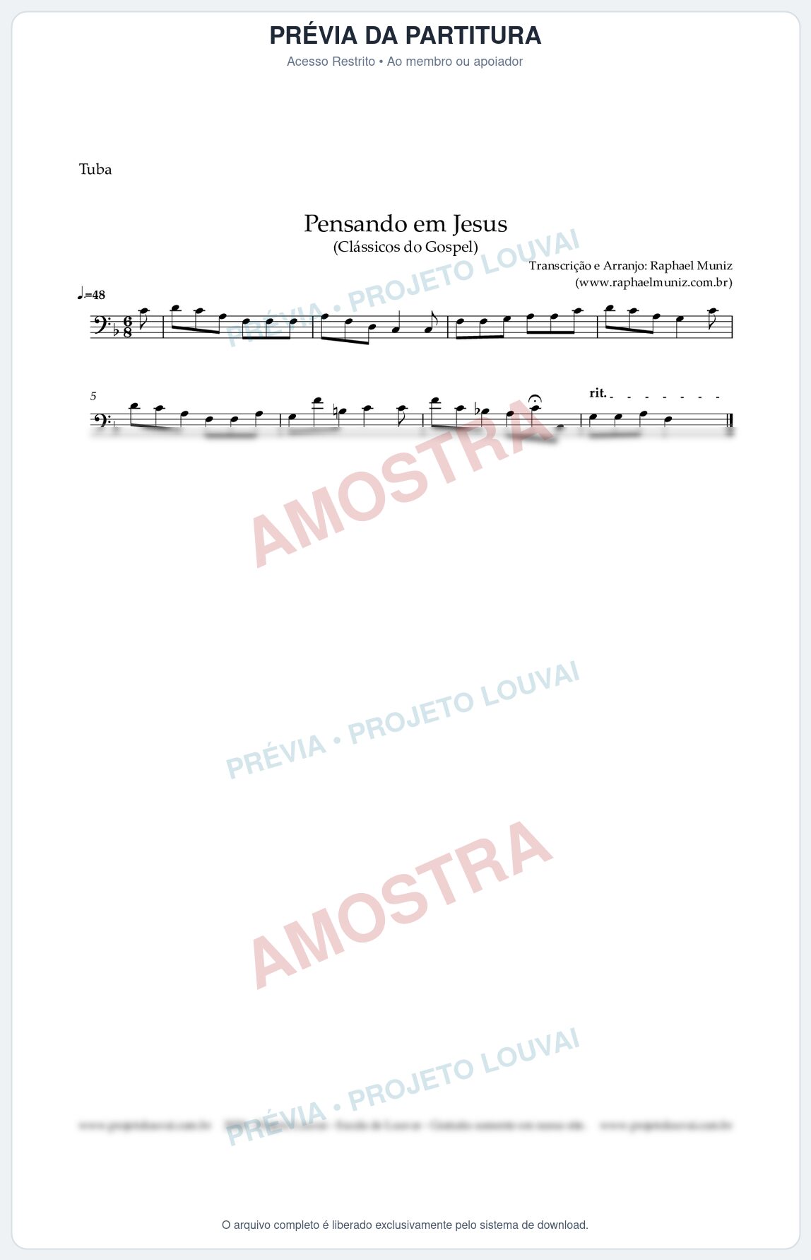 Prévia protegida da primeira página da partitura Partitura para Tuba em Dó - Pensando em Jesus - Harpa Cristã nº 17 - Clássicos do Gospel