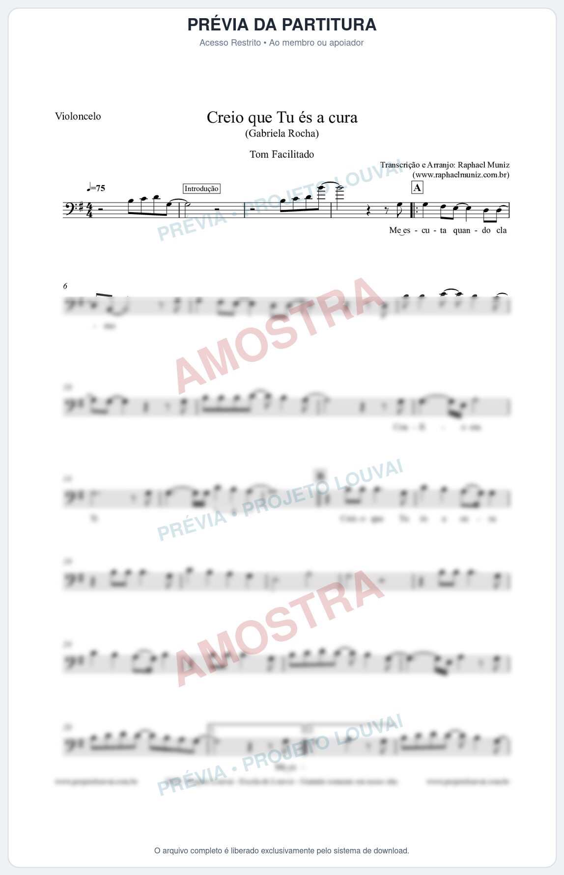 Prévia protegida da primeira página da partitura Partitura para Violoncelo (Tom Facilitado) - Creio que Tu És a Cura - Gabriela Rocha