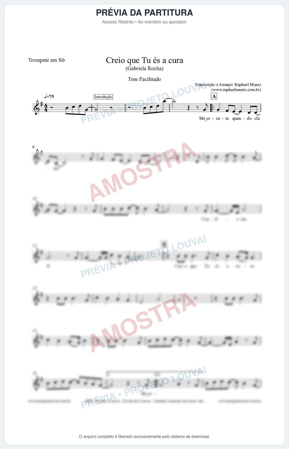 Prévia protegida da primeira página da partitura Partitura para Trompete em Bb - Creio que Tu És a Cura (Tom Facilitado) - Gabriela Rocha